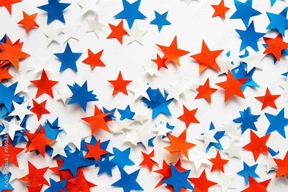 4th of July American Independence Day. Happy Independence Day. Red, blue and white star confetti, paper decorations on white background. Flat lay, top view, copy space, banner 4th of July American Independence Day. Happy Independence Day. Red, blue and white star confetti, paper decorations on white background. Flat lay, top view, copy space, banner