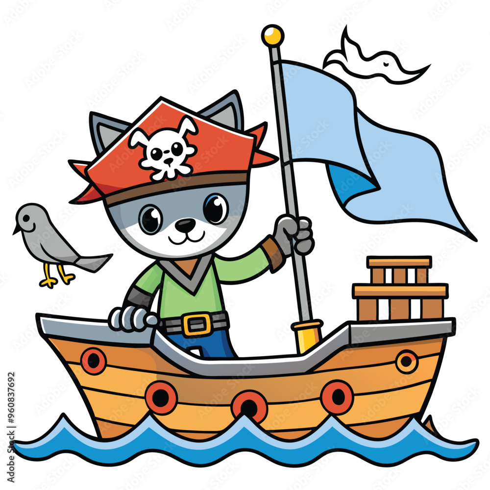 Naklejka premium A charming baby cat in a pirate outfit holds a flag while standing confidently on a colorful wooden boat accompanied by a curious bird.