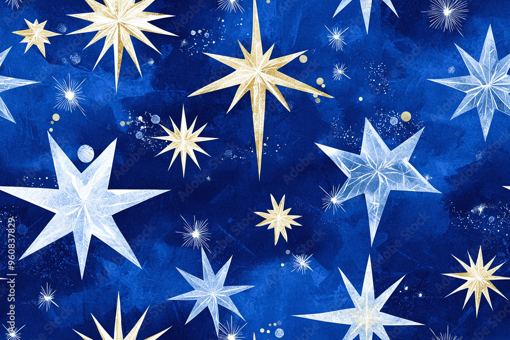 Seamless pattern of sparkling snowflake stars in various sizes on a deep blue background Seamless pattern of sparkling snowflake stars in various sizes on a deep blue background