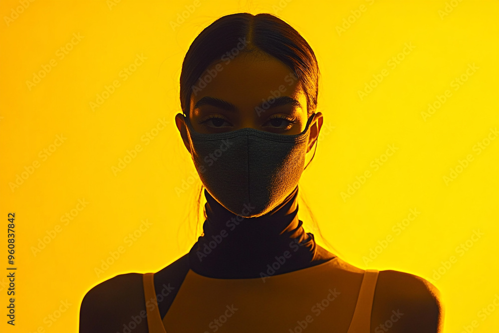 Stylish Woman in Gray Face Mask with Solid Neon Yellow Accents, Contemporary Fashion Portrait, Trendy Modern Background Stylish Woman in Gray Face Mask with Solid Neon Yellow Accents, Contemporary Fashion Portrait, Trendy Modern Background