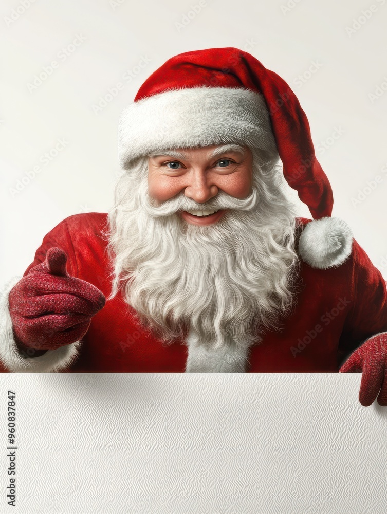 Naklejka premium Smiling Santa Claus pointing at blank advertising banner background with copy space
