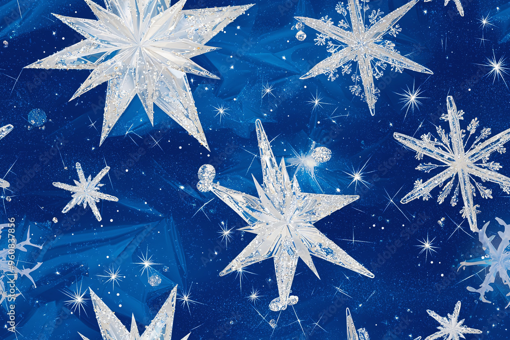 Seamless pattern of sparkling snowflake stars in various sizes on a deep blue background Seamless pattern of sparkling snowflake stars in various sizes on a deep blue background