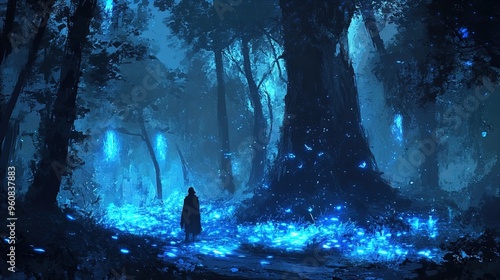 A mystical, ethereal forest scene illuminated by glowing blue lights scattered on the ground and emanating from trees. The atmosphere is dark and enigmatic with towering trees enveloping the area. A s photo