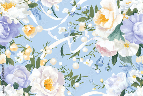 Seamless pattern of rococo-inspired floral bouquets with ribbons and pearls in soft pastel hues photo