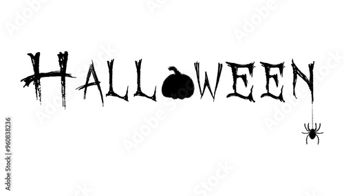 Black and white vector illustration for Halloween holiday . Halloween lettering with spider and pumpkin