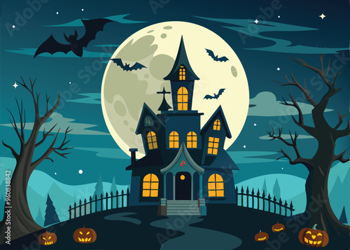 a halloween haunted house with a full moon and bats