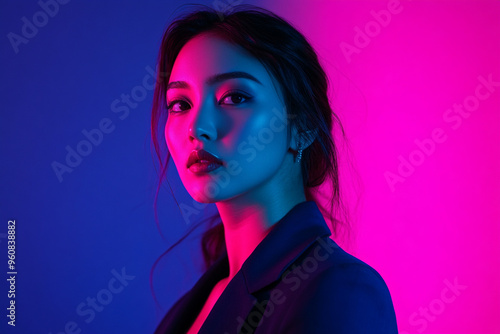 Chic Woman in Navy Blue Blazer with Neon Purple Accents, Trendsetting Fashion Portrait, Urban Lifestyle Photography