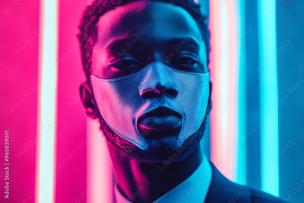 Modern Man in Gray Face Mask with Solid Neon Aqua Details, Stylish Trendy Portrait, Fashionable Urban Background Modern Man in Gray Face Mask with Solid Neon Aqua Details, Stylish Trendy Portrait, Fashionable Urban Background