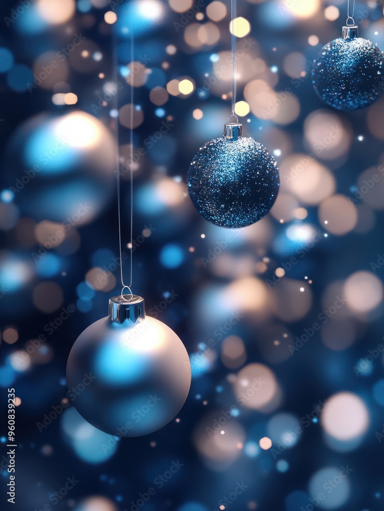 Weihnachtskugeln und verschwommene, glänzende Lichter, blaues Bokeh Weihnachtskugeln und verschwommene, glänzende Lichter, blaues Bokeh