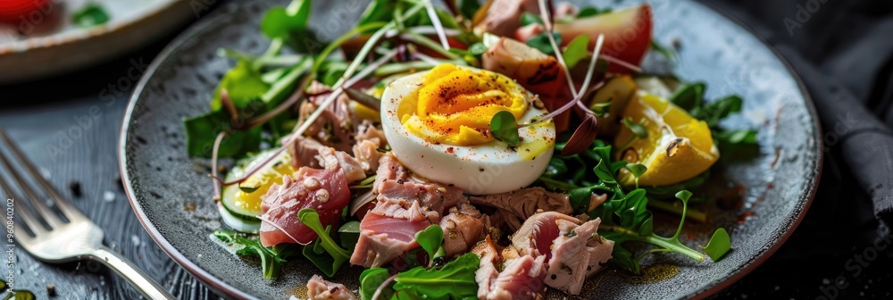 Nicoise salad with tuna, egg, and greens presented on an elegant gray plate. Nicoise salad with tuna, egg, and greens presented on an elegant gray plate.