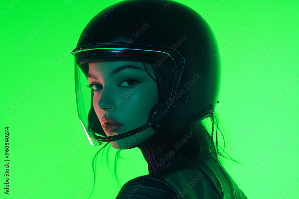 Stylish Womens Black Helmet with Solid Neon Green Modern Lifestyle Portrait in Chic Fashion Background Stylish Womens Black Helmet with Solid Neon Green Modern Lifestyle Portrait in Chic Fashion Background