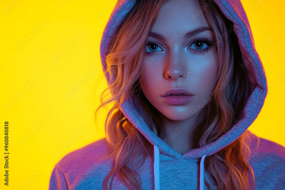 Trendy Gray Hoodie for Women with Solid Neon Yellow Stylish Lifestyle Portrait with Fashion Background Trendy Gray Hoodie for Women with Solid Neon Yellow Stylish Lifestyle Portrait with Fashion Background