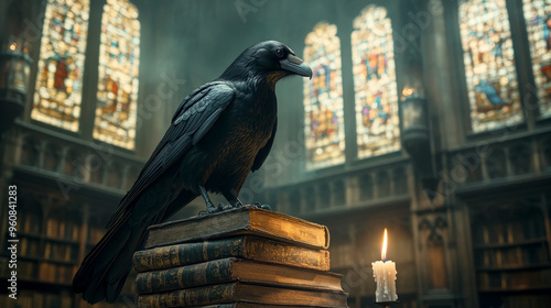 raven perched on a stack of old books within a large room with stained-glass windows