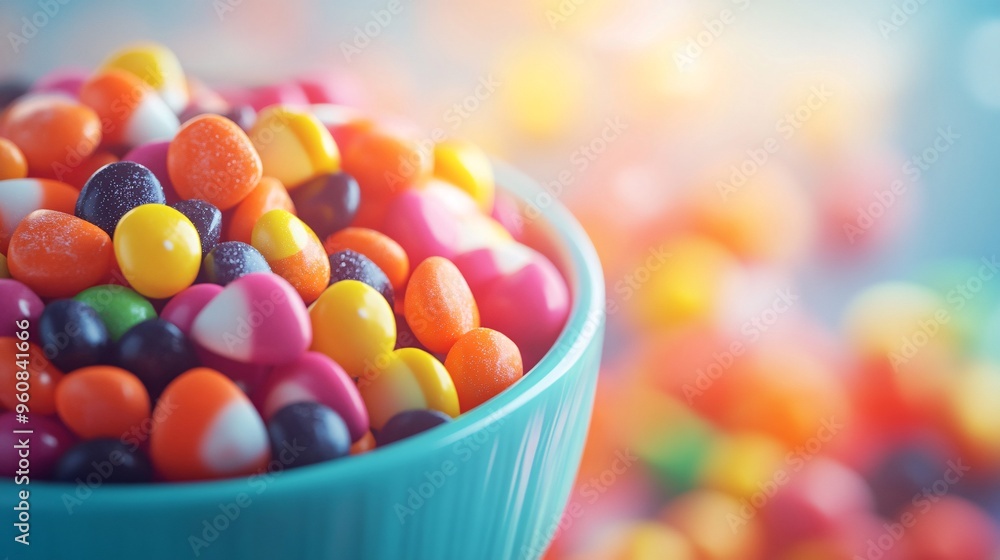 Colorful Candy in a Teal Bowl with Bokeh Background. Colorful Candy in a Teal Bowl with Bokeh Background.
