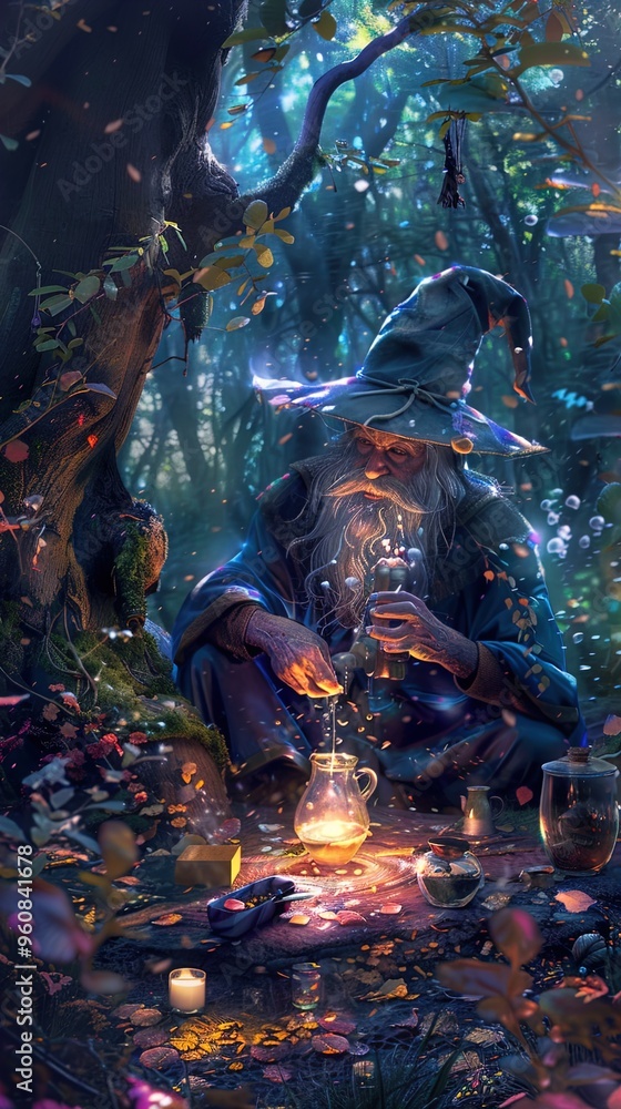 In a misty, magical forest setting illuminated by soft, ethereal light filtering through dense foliage, an elderly wizard with a long white beard and a pointed hat is engaged in potion-making at the b