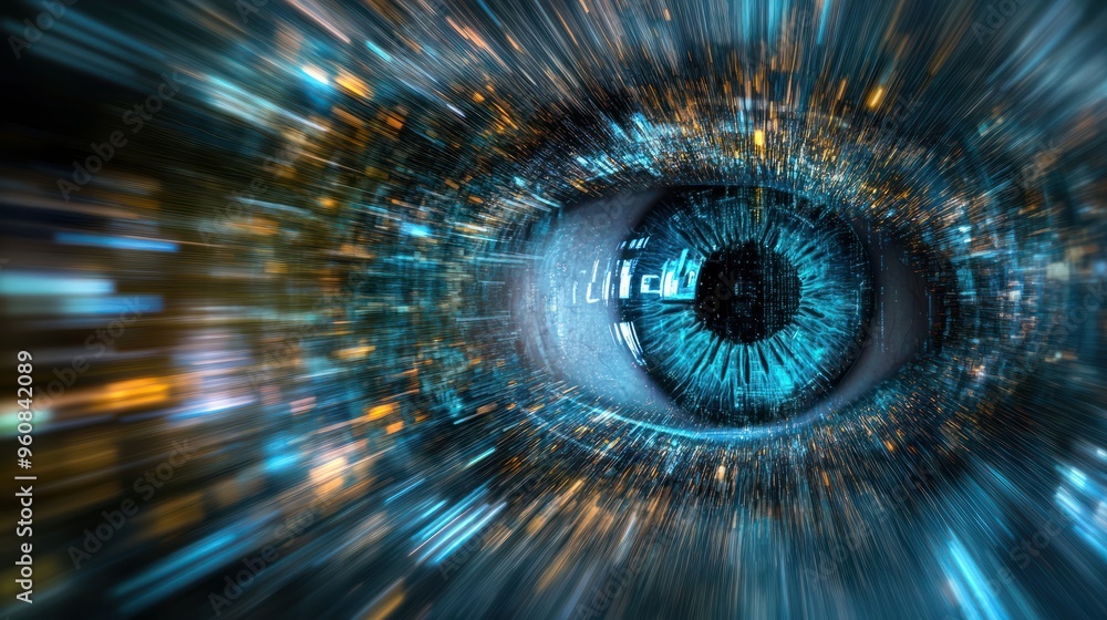 Blur is a concept that represents the future of technology in the field of cyber security with a background of blue eye and an abstract representation of high speed digital internet It show Blur is a concept that represents the future of technology in the field of cyber security with a background of blue eye and an abstract representation of high speed digital internet It show
