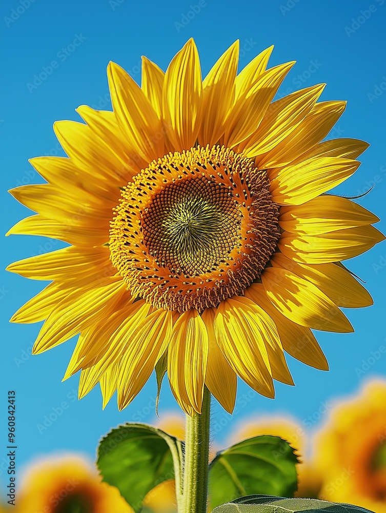 Close-up of vibrant sunflower in full bloom against bright blue sky. Close-up of vibrant sunflower in full bloom against bright blue sky.
