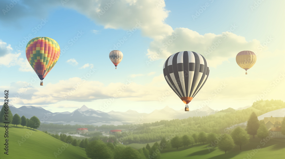 Fototapeta premium Hot Air Balloons Floating Over Scenic Countryside Hills