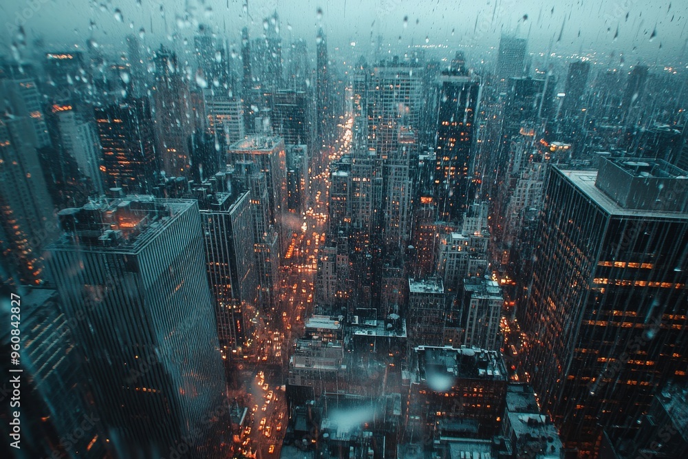 The view of a rain-soaked cityscape from the top of a tall building, with slick rooftops glistening. The view of a rain-soaked cityscape from the top of a tall building, with slick rooftops glistening.