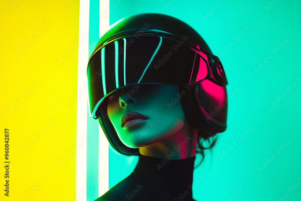 Elegant Womens Black Helmet with Neon Green Details Chic Lifestyle Portrait with Fashionable Background Elegant Womens Black Helmet with Neon Green Details Chic Lifestyle Portrait with Fashionable Background