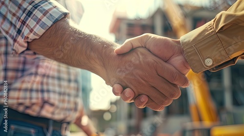 Two individuals are depicted shaking hands in a close-up view, with their hands positioned centrally in the frame. One individual is wearing a plaid shirt, while the other appears to be dressed in a s