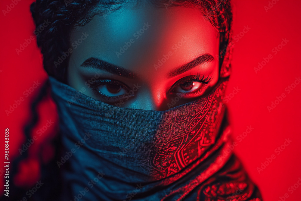 Elegant Womens Gray Bandana with Neon Red Accents Fashionable Lifestyle Portrait with Contemporary Background Elegant Womens Gray Bandana with Neon Red Accents Fashionable Lifestyle Portrait with Contemporary Background