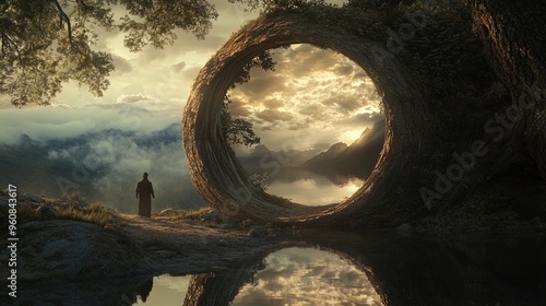 A solitary figure stands in a serene, otherworldly landscape. The individual is poised on a rocky terrain, gazing through a giant, circular wooden frame formed by the trunk of an ancient tree. The cir
