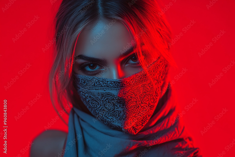 Woman Gray Bandana with Solid Neon Red Stylish Lifestyle Portrait with Fashionable Neon Background Woman Gray Bandana with Solid Neon Red Stylish Lifestyle Portrait with Fashionable Neon Background