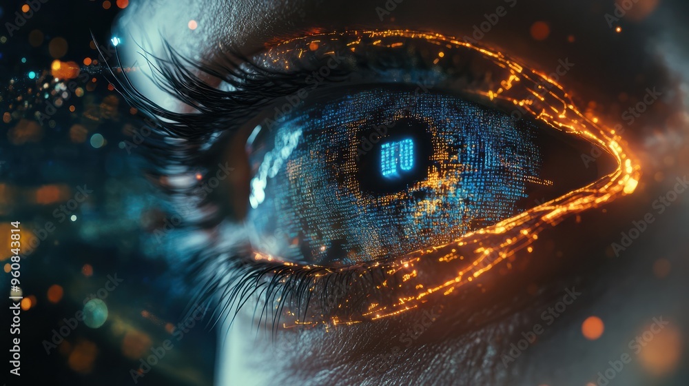 Eye of person working with digital data, abstract network information background, banner with cyber security theme. Concept of ai, technology, spy, hacker, hack, art Eye of person working with digital data, abstract network information background, banner with cyber security theme. Concept of ai, technology, spy, hacker, hack, art