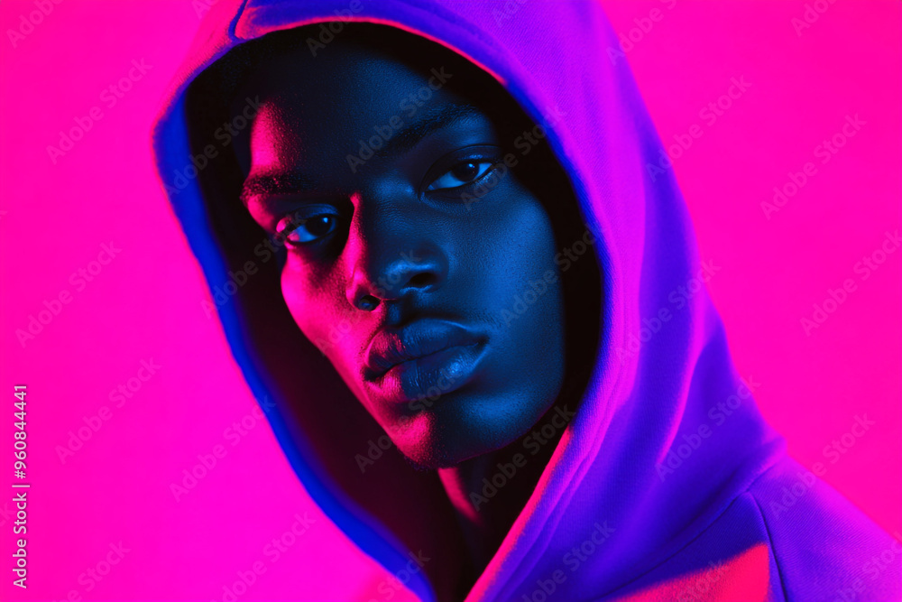 Men Neon Purple Hoodie with Solid Neon Coral Fashionable Lifestyle Portrait against Trendy Neon Setting Men Neon Purple Hoodie with Solid Neon Coral Fashionable Lifestyle Portrait against Trendy Neon Setting