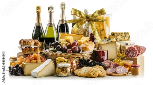 Luxuriously arranged gift hamper featuring fine wine bottles, wrapped gifts, and designer decorations in a wicker basket. Perfect for festive celebrations, elegant gift-giving, and special occasions