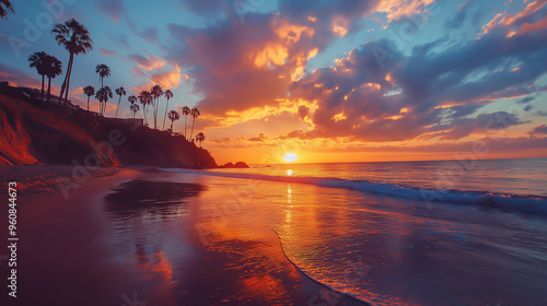 Dramatic, fiery sunset, colorful clouds, silhouettes, high quality, photorealistic, tranquil, evening sky, reflection, serene, coastal, panoramic