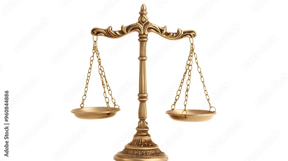 Golden Scales of Justice isolated on a white background, representing fairness, law, balance, and equality.Ideal for legal, judicial, or business-related concepts Golden Scales of Justice isolated on a white background, representing fairness, law, balance, and equality.Ideal for legal, judicial, or business-related concepts