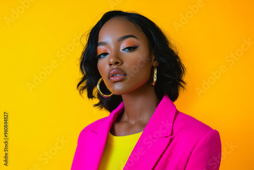 Woman Neon Pink Blazer with Solid Neon Yellow Elegant Fashion Portrait with Modern Neon Background for Trendy Style and Chic Appeal