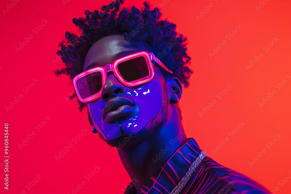 Men Neon Purple Face Mask with Solid Neon Coral Stylish Portrait Featuring Modern Neon Setting for a Trendy and Fashionable Lifestyle Look Men Neon Purple Face Mask with Solid Neon Coral Stylish Portrait Featuring Modern Neon Setting for a Trendy and Fashionable Lifestyle Look
