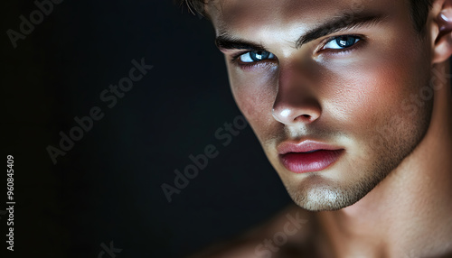 A handsome European man with glowing skin, perfect makeup