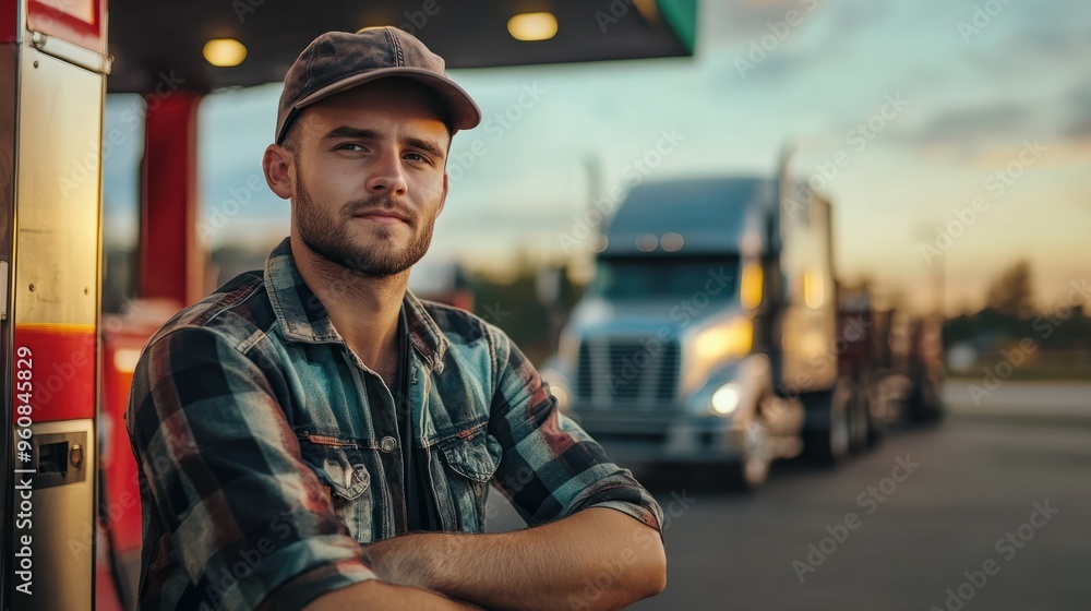 Portrait of a male truck driver at a gas station. A group of drivers relaxing outdoors. Walking concept. Portrait of a male truck driver at a gas station. A group of drivers relaxing outdoors. Walking concept.