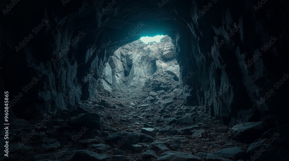 A dark cave with jagged rocks and stalactites, illuminated by natural light filtering through the entrance at the top. A dark cave with jagged rocks and stalactites, illuminated by natural light filtering through the entrance at the top.