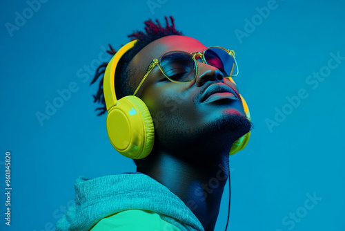 Trendsetting Mens Neon Yellow Headphones with Solid Neon Blue Fashion Portrait with a Bold Neon Background