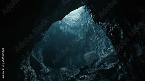 A dark cave with jagged rocks and stalactites, illuminated by natural light filtering through the entrance at the top.