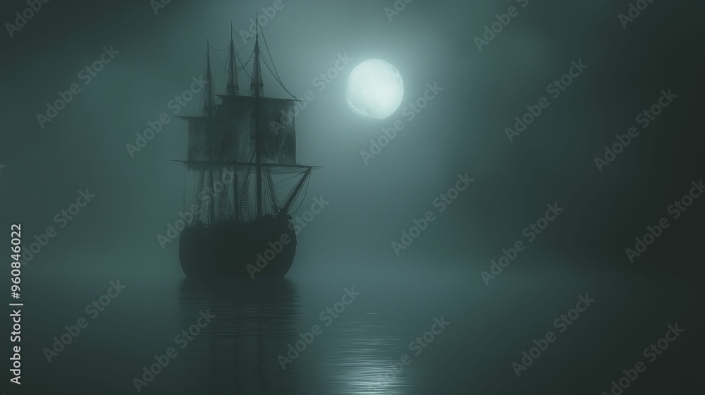 Silhouette of an old sailing ship navigating through thick fog over calm waters, with the sun glowing faintly in the background. Silhouette of an old sailing ship navigating through thick fog over calm waters, with the sun glowing faintly in the background.