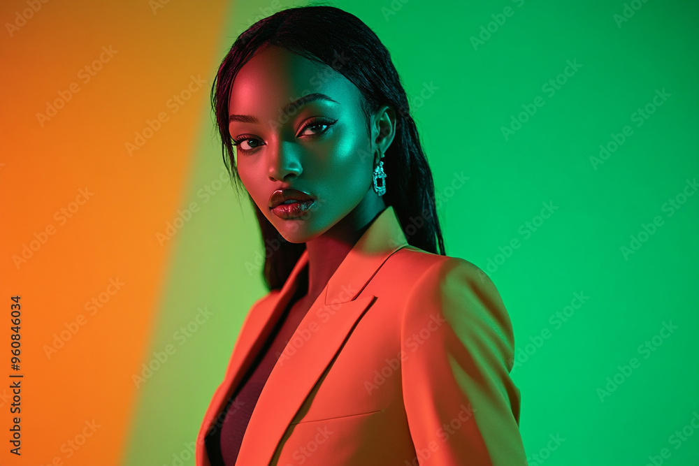 Stylish Womans Neon Orange Blazer with Solid Neon Green Fashion Portrait Against a Vibrant Neon Background Stylish Womans Neon Orange Blazer with Solid Neon Green Fashion Portrait Against a Vibrant Neon Background