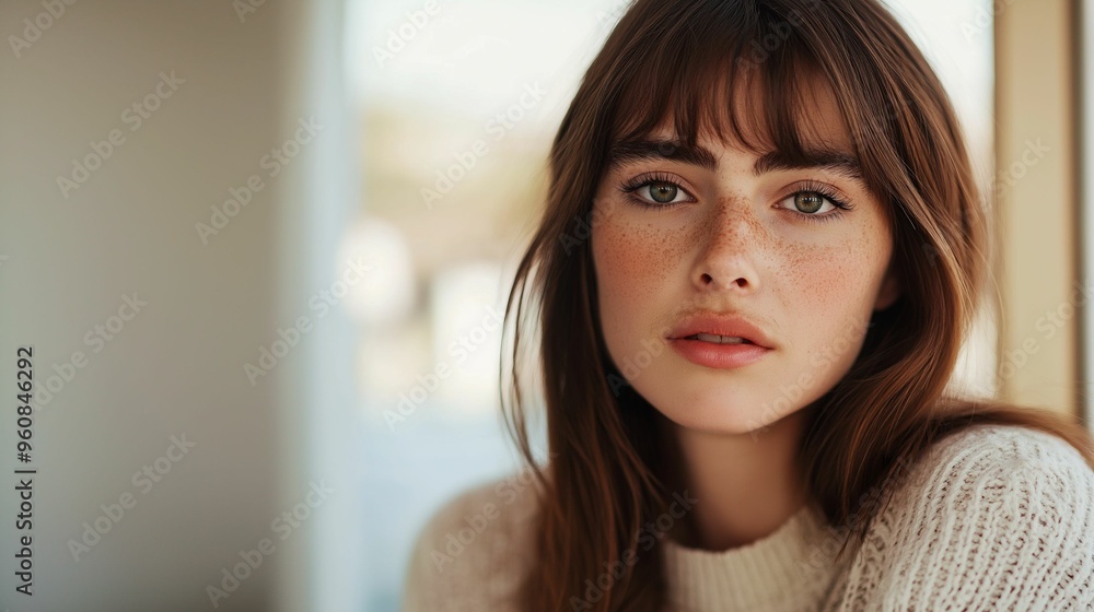 Image of a young woman with freckles, gazing into the camera in soft natural light, wearing a cozy sweater. Image of a young woman with freckles, gazing into the camera in soft natural light, wearing a cozy sweater.
