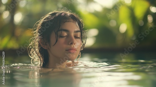 A young woman with wet hair enjoys a peaceful moment in an outdoor pool, surrounded by lush greenery and warm sunlight.