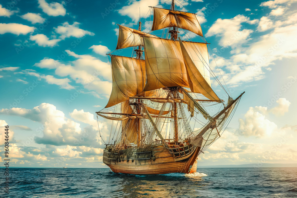 A classic wooden sailing ship with billowing sails on the open sea A classic wooden sailing ship with billowing sails on the open sea
