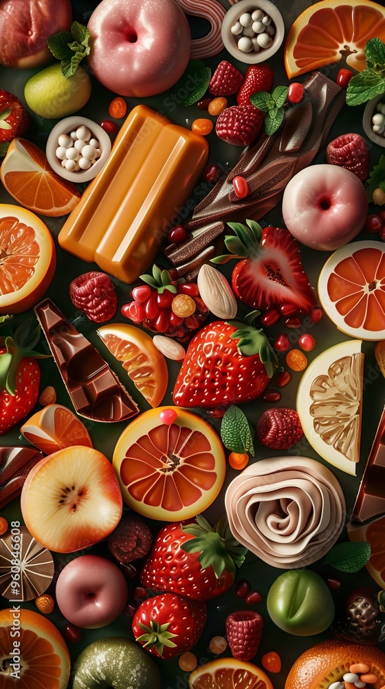 A Colorful Still Life of Fruit, Chocolate, and Candy A Colorful Still Life of Fruit, Chocolate, and Candy