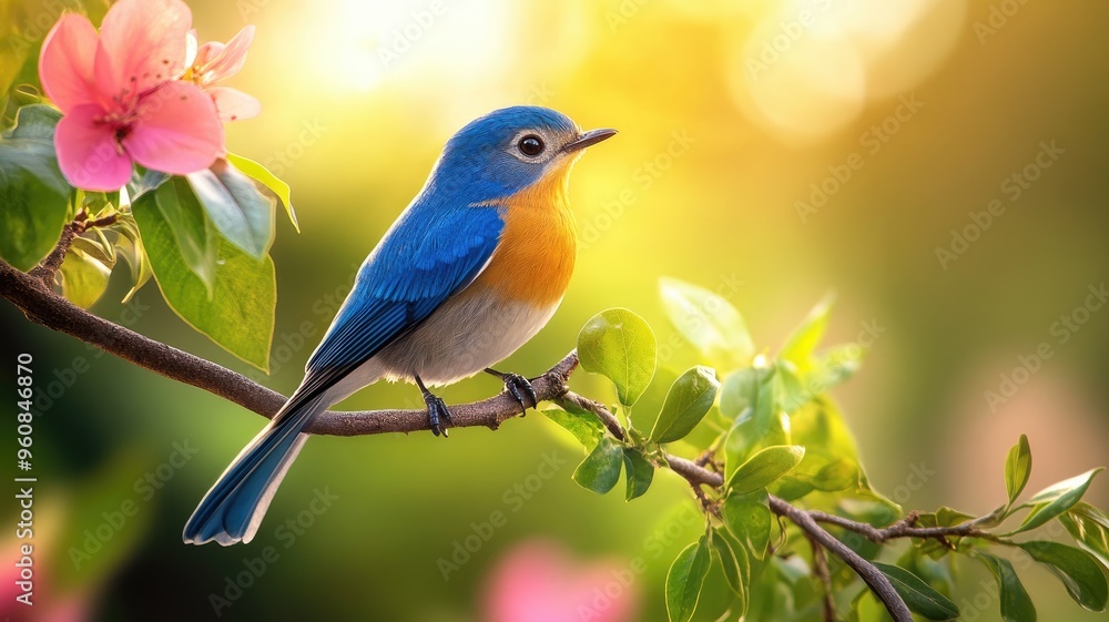 Blue and orange bird perched on branch amidst pink blossoms with blurred green yellow background Blue and orange bird perched on branch amidst pink blossoms with blurred green yellow background