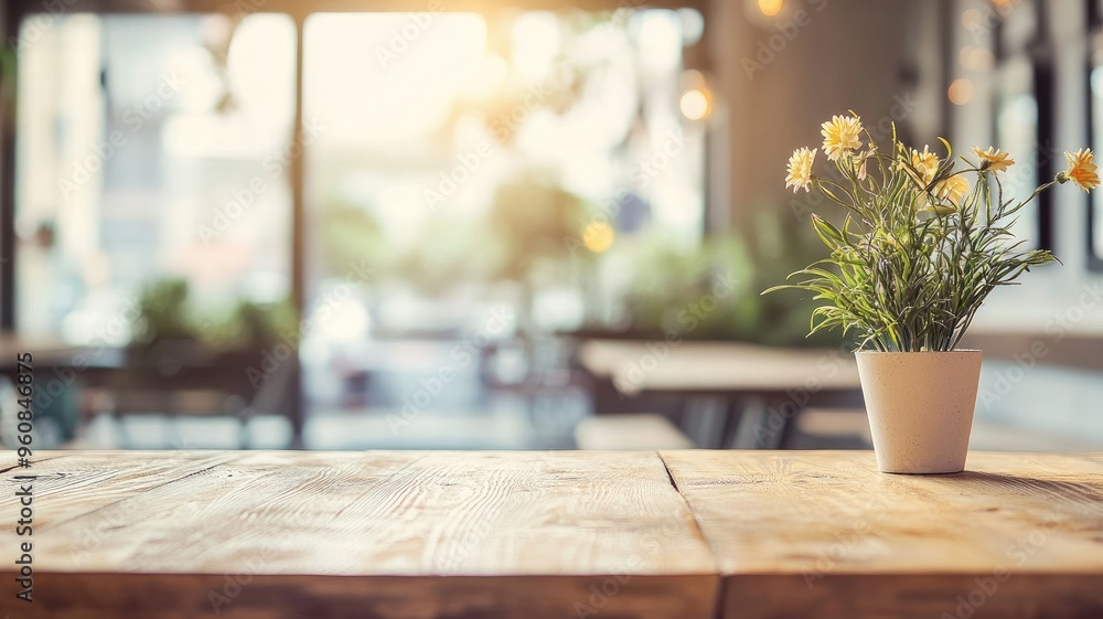 Sunlit cafe with wooden table and potted flowers Sunlit cafe with wooden table and potted flowers