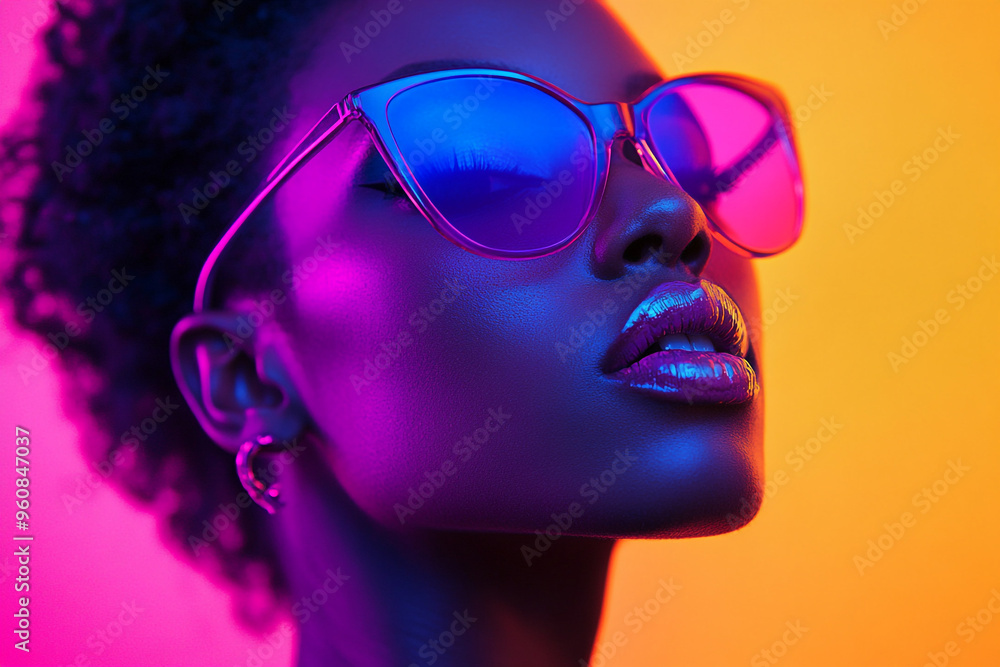 Elegant Womans Neon Purple Eyewear with Solid Neon Coral Modern Portrait Featuring a Vibrant Neon Background Elegant Womans Neon Purple Eyewear with Solid Neon Coral Modern Portrait Featuring a Vibrant Neon Background