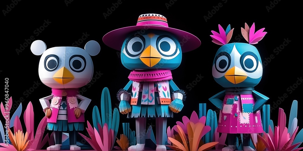 Naklejka premium Three cute bird-like characters in colorful outfits surrounded by plants and flowers on a black back